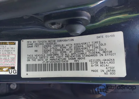 2005 Lexus Gx 470 from USA, damaged, VIN JTJBT20X250075439